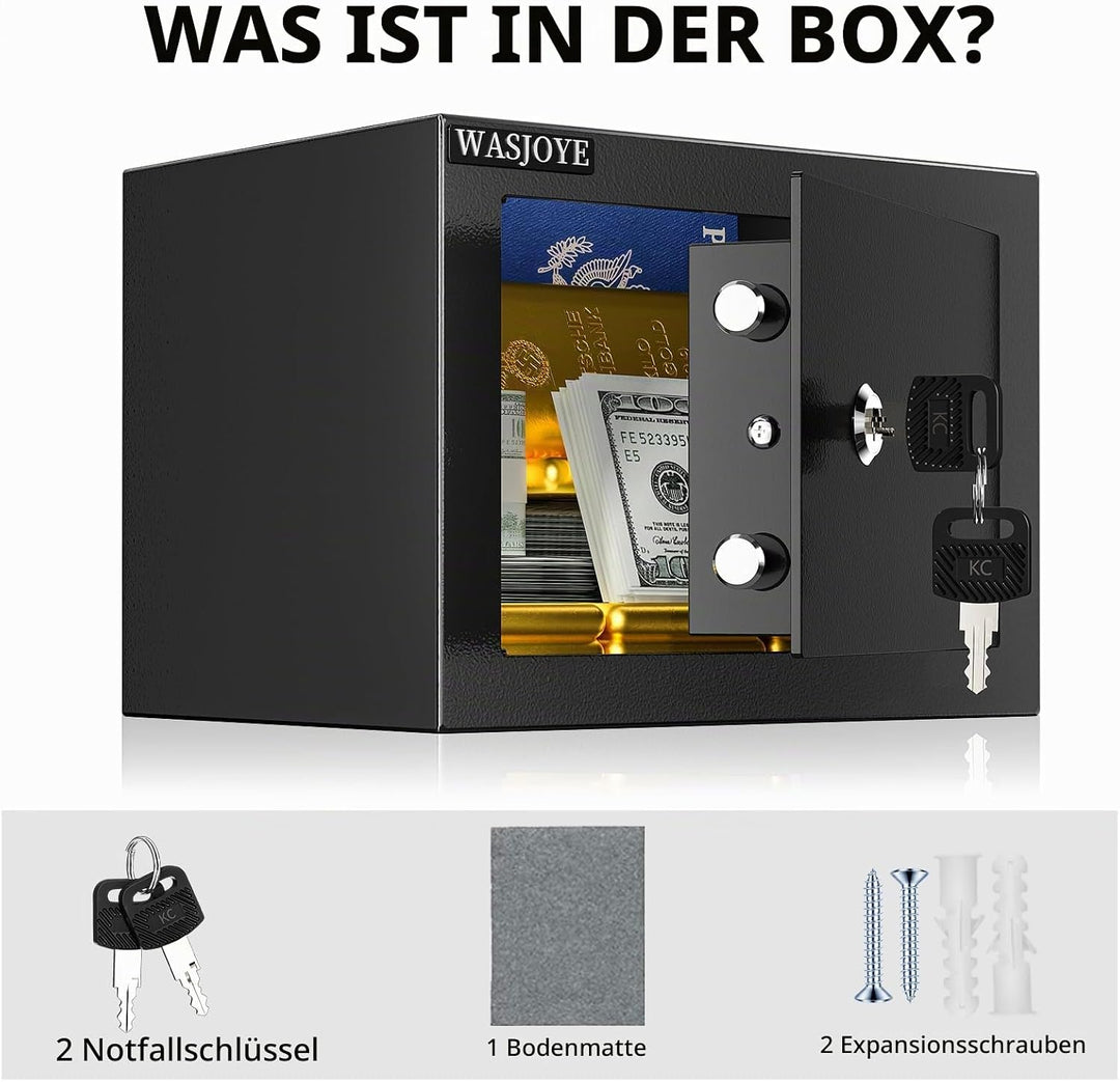 Mini Safe Tresor mit Schlüssel, WASJOYE Mini Tresor mit Schloss für Zuhause/Büro, 6.6L kleiner treso