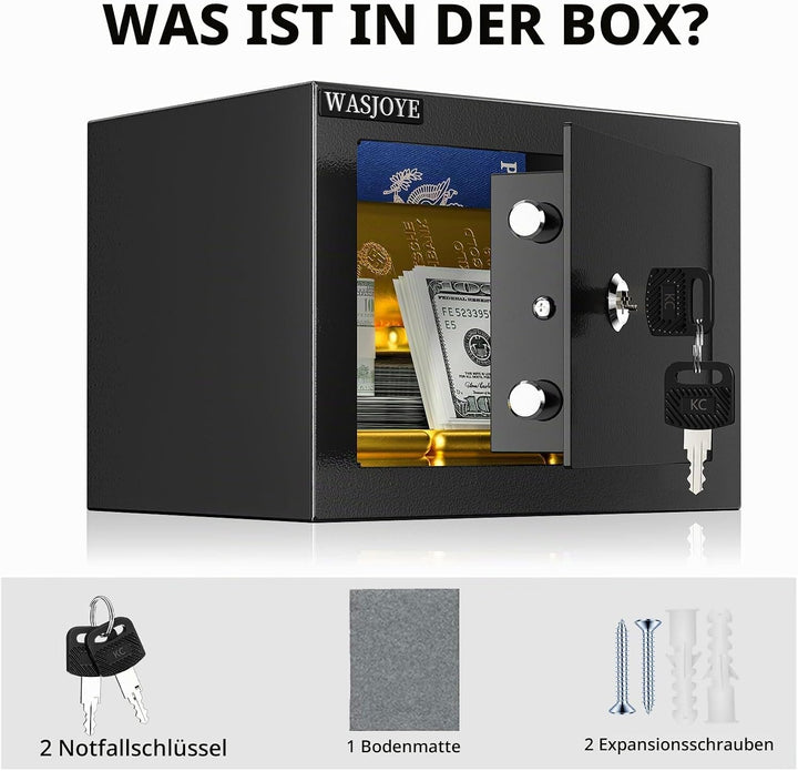 Mini Safe Tresor mit Schlüssel, WASJOYE Mini Tresor mit Schloss für Zuhause/Büro, 6.6L kleiner treso