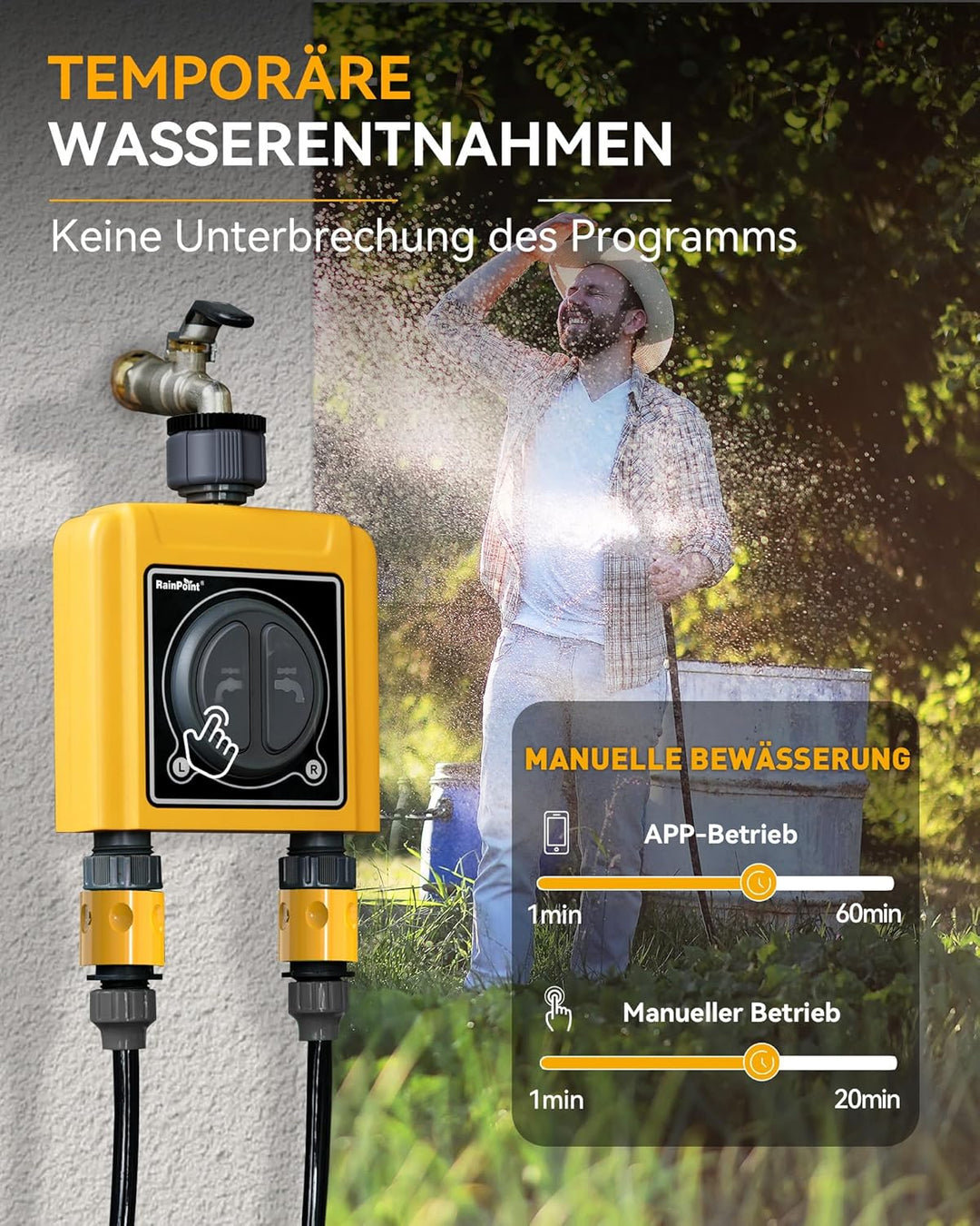 RAINPOINT Bewässerungscomputer WLAN 2 Ausgänge Automatische Bewässerung für Garten, nach Zeit/Wasser