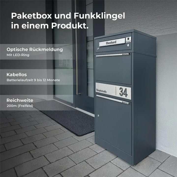 Metzler Briefkasten mit Paketfach & Funkklingel, Paketbox draussen gross XXL mit Klingel & 1 Steckdo