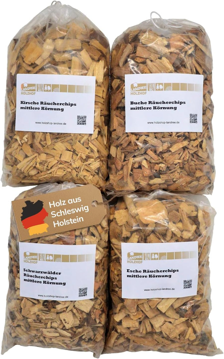 Landree Räucherchips Set 4 x 2 Liter, Räucherspäne, Räuchermehl Kirsche, Buche, Schwarzwälder, Esche