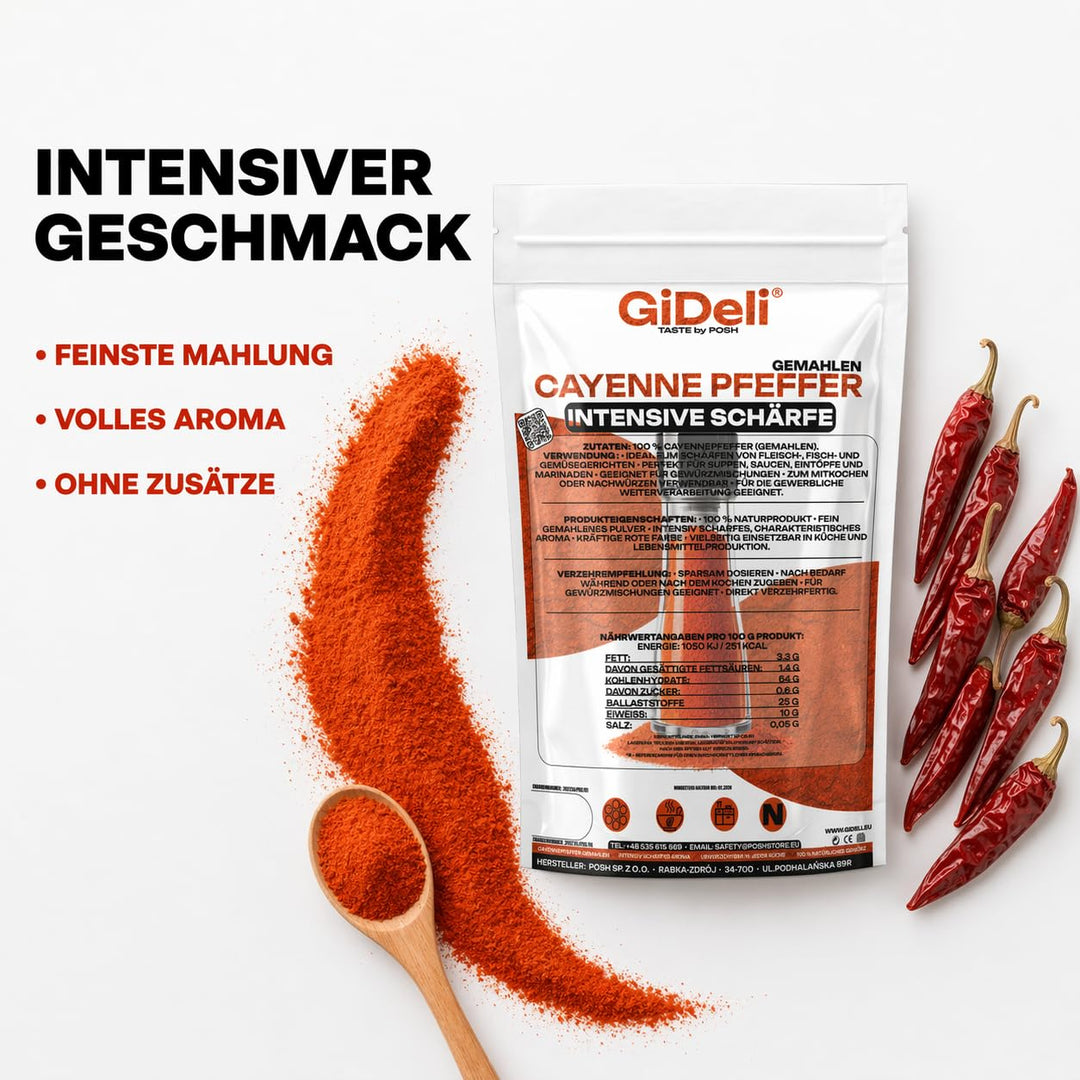 GiDeli Cayenne Pfeffer 2 x 1kg - Fein Gemahlenes Chilipulver für Fleisch, Fisch, Suppen und Sossen -