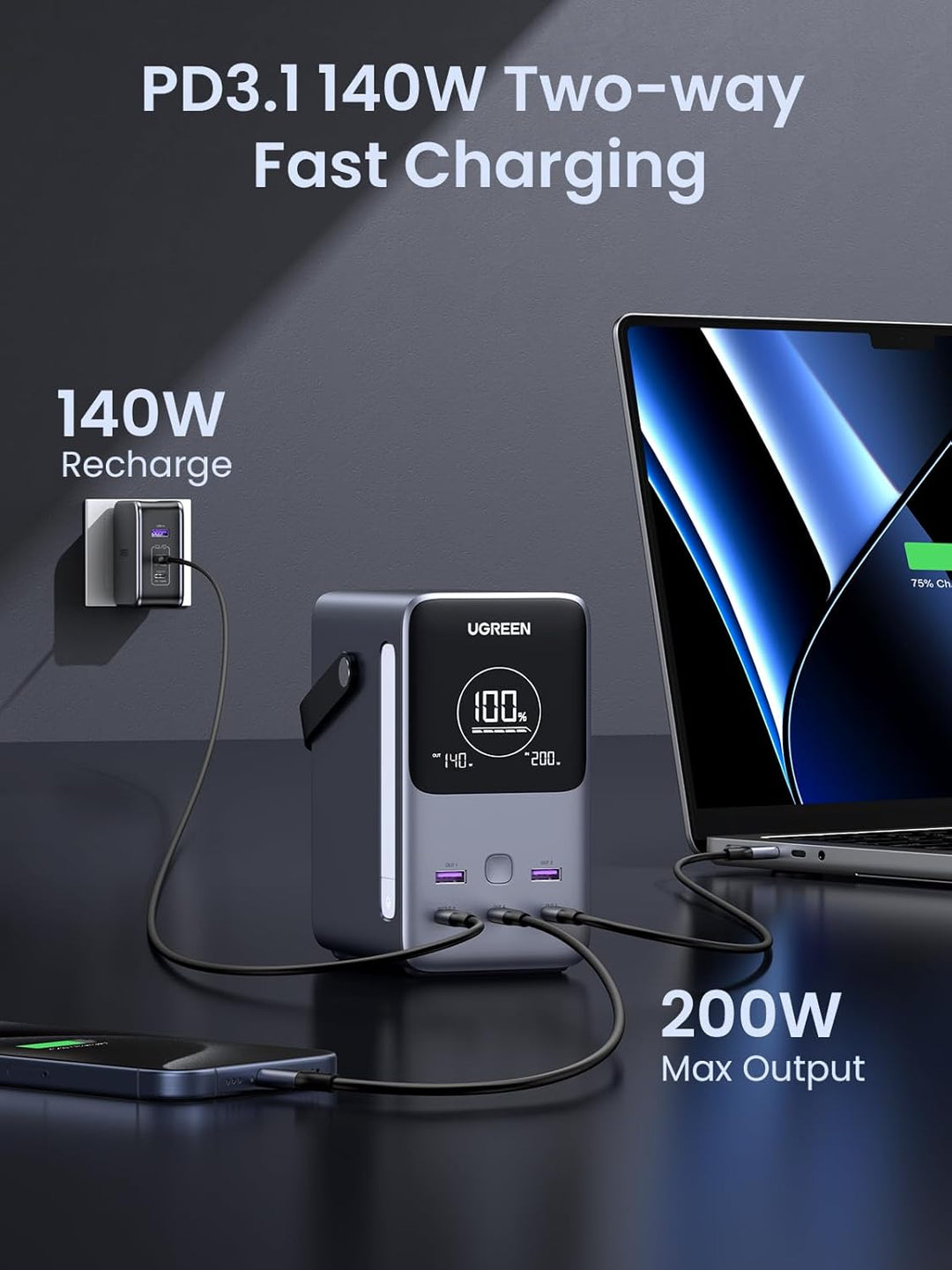 Power Bank Ugreen 300W 48000mAh carga rápida portátil