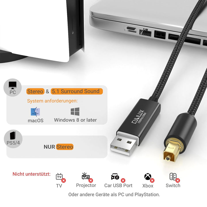 Cubilux USB A auf TOSLINK Optisches Audiokabel, Einseitiger USB zu SPDIF Digital Konverter, Optische