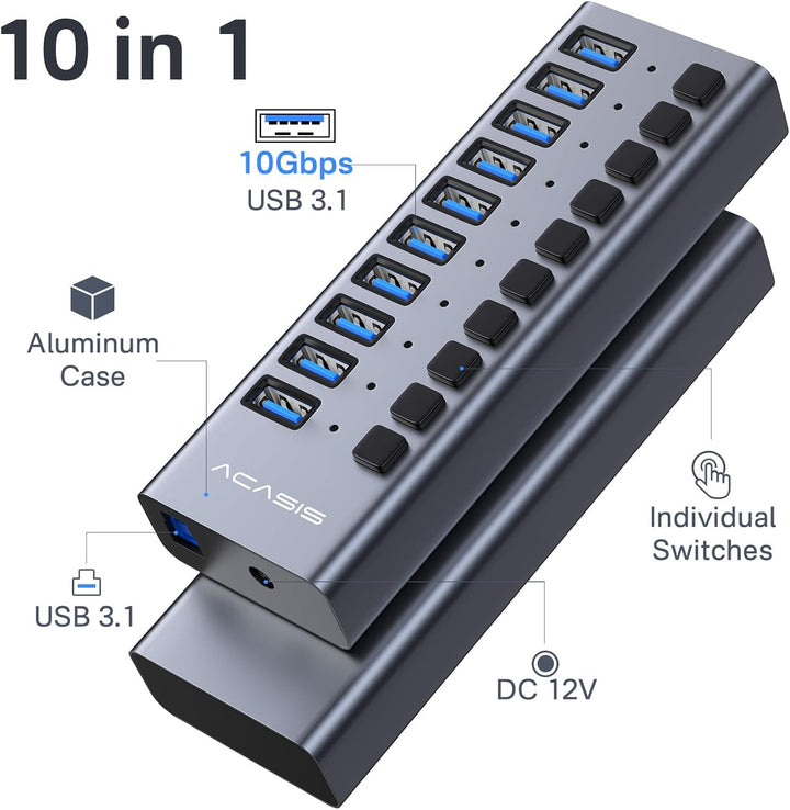 ACASIS Powered USB Hub,10 Ports USB 3.1 Hub mit 10Gbps Data Speed, Individuellen On/Off Schalter, 12