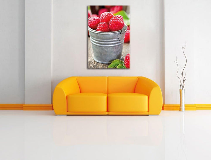 Himbeeren im Eimer, Format: 100x70 auf Leinwand, XXL riesige Bilder fertig gerahmt mit Keilrahmen, K