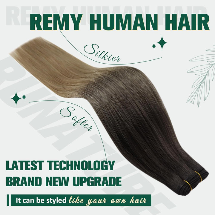 RUNATURE Tressen Echthaar Extensions Balayage Fabre Dunkelbraun mit Mittelbraun und Aschblond Sew in