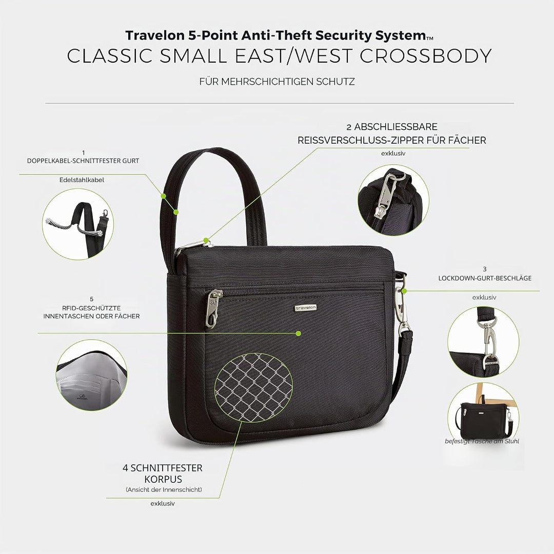 Travelon Uni Anti-Theft Classic Small East/West Crossbody Umhängetasche, 10.5 x 8 x 2.5 Schwarz