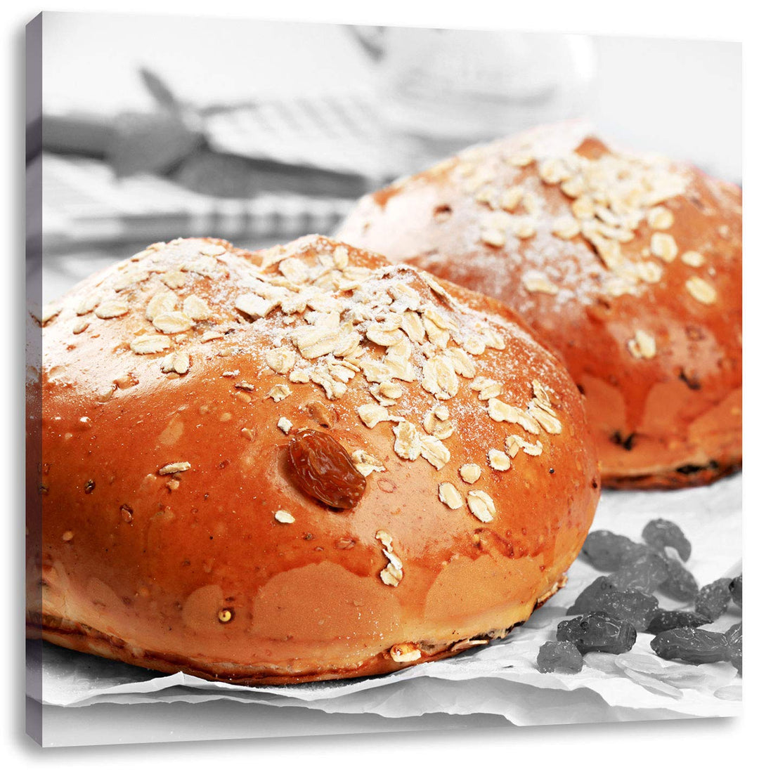 Pixxprint Rosinenbrötchen mit Hafer schwarz/weiss, Format: 70x70 auf Leinwand, 70x70