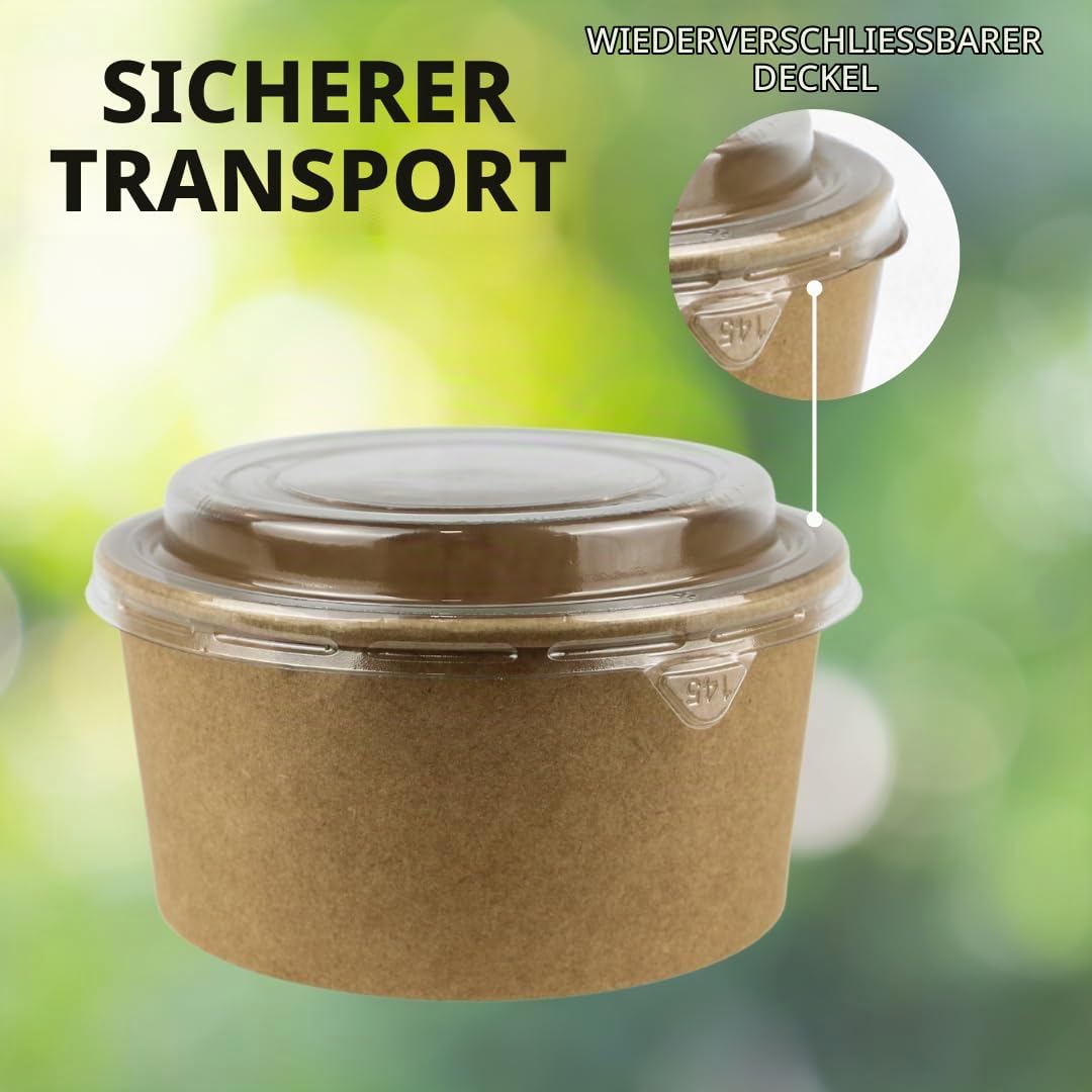 Enpack - 750ml Pappschalen für Lebensmittel aus Kraft Papier mit RPET Deckel 100 Stück - Einweg Papp