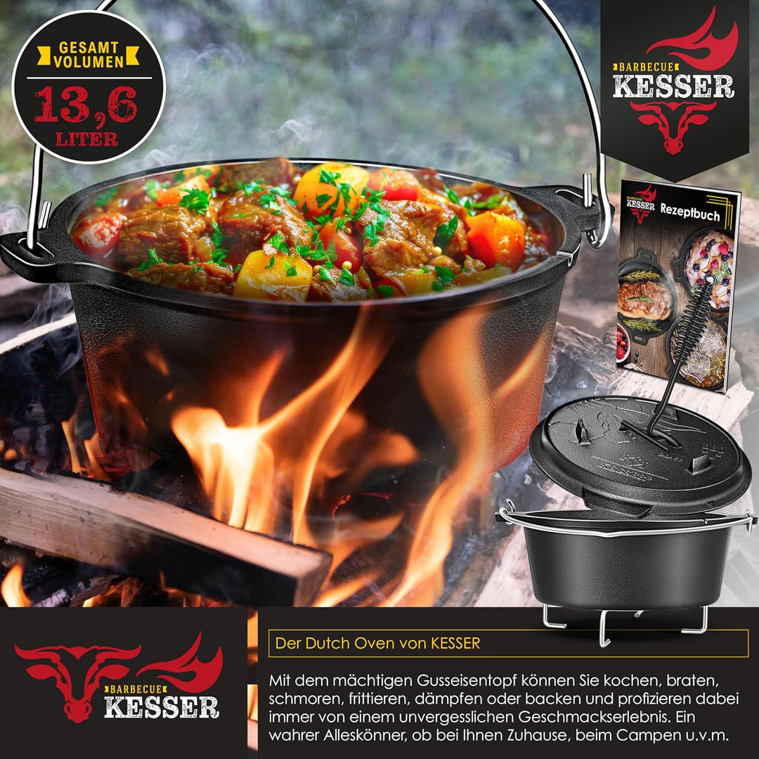 KESSER® Dutch Oven Set BBQ 12 Liter, Feuertopf Schmortopf mit Edelstahluntersetzer, Gusseisen Topf m