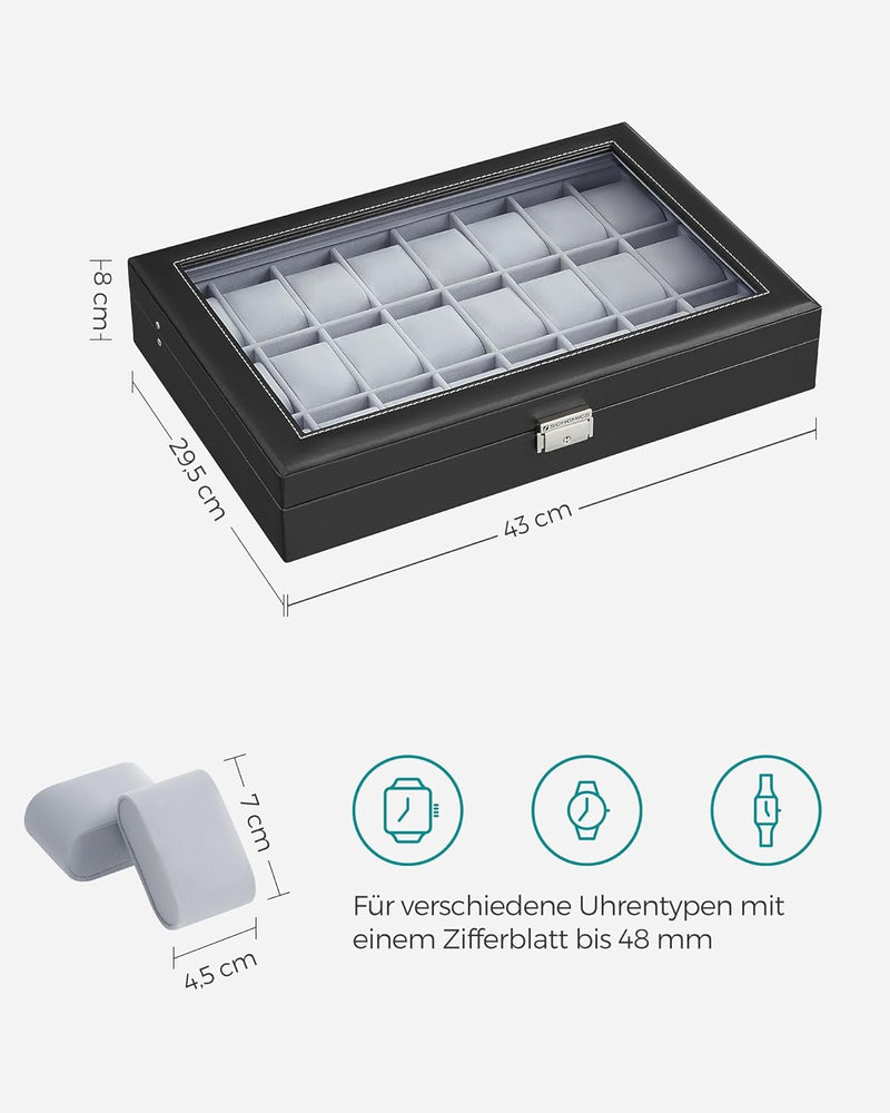 SONGMICS Uhrenbox, abschliessbare Uhrenschatulle, Aufbewahrung, Organizer für Uhren, mit 24 Fächern,