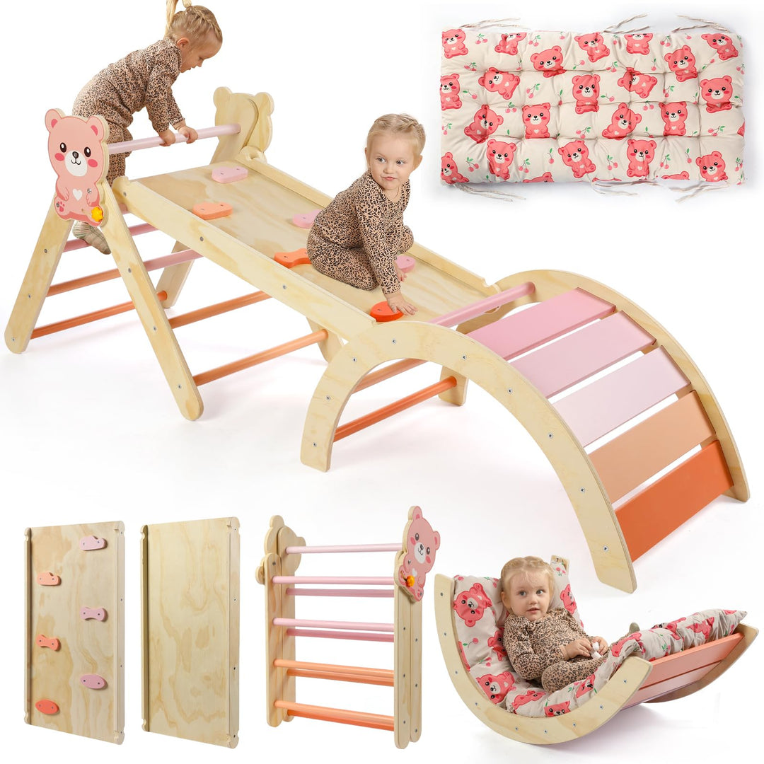 7-in-1 Montessori Kletterdreieck Set mit Rutsche, Kletterbogen & weichem Kissen – Holz Klettergerüst
