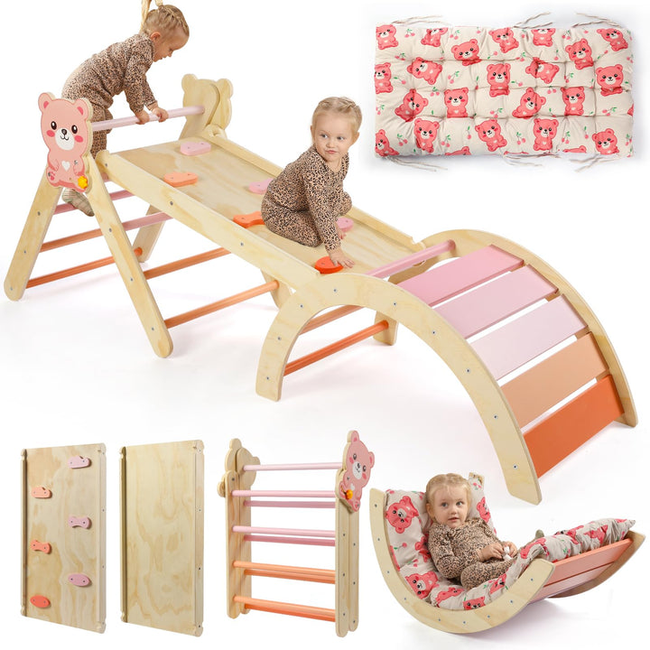 7-in-1 Montessori Kletterdreieck Set mit Rutsche, Kletterbogen & weichem Kissen – Holz Klettergerüst