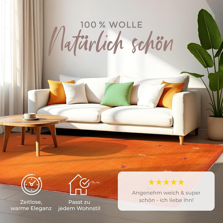 carpetfine Wollteppich Gabbeh Uni Orange 60x90 cm | Moderner Teppich für Wohn- und Schlafzimmer 60x9