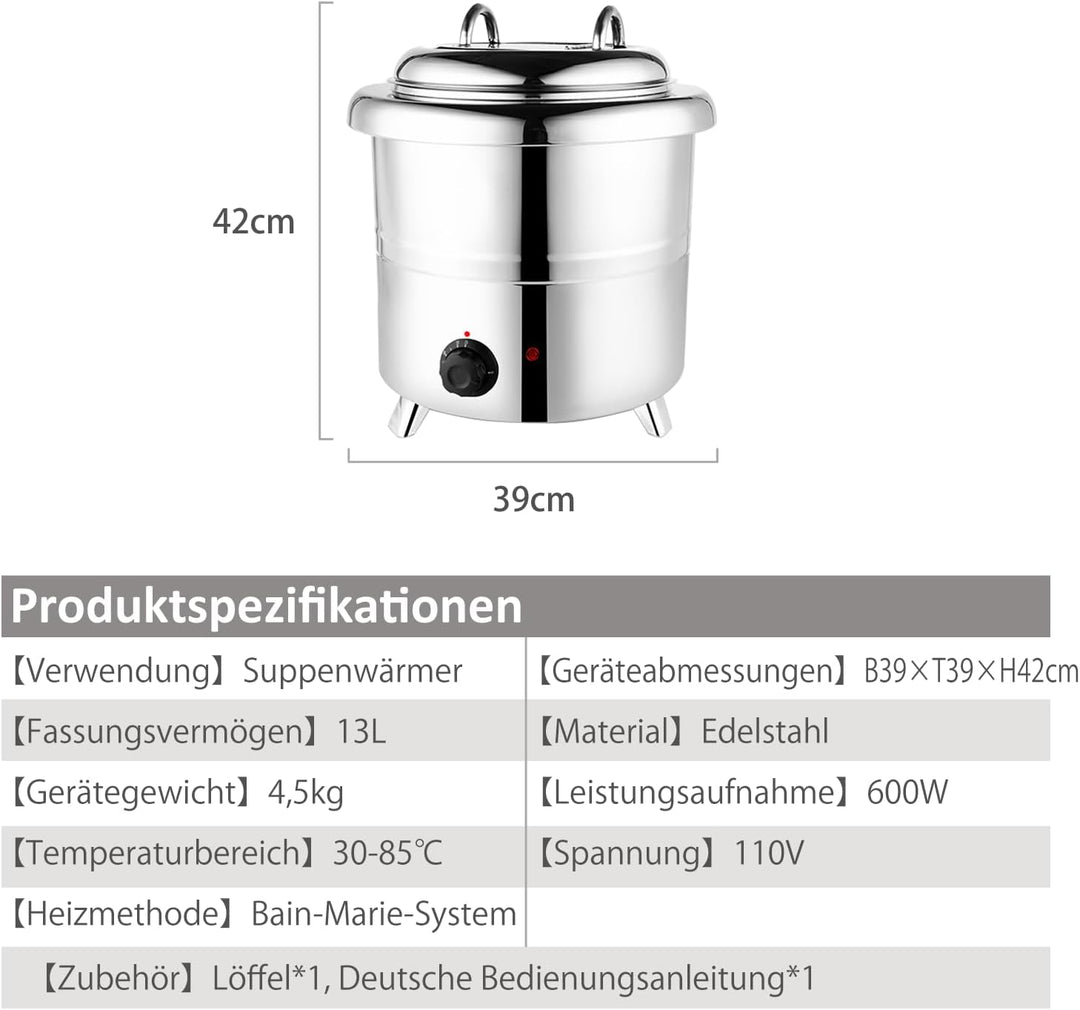 Kurflo Elektrischer Suppenwärmer 13L, Edelstahl, mit Temperaturregelung. Für Restaurant, Küche, Buff