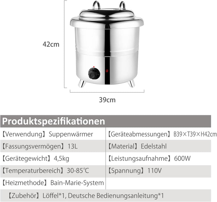 Kurflo Elektrischer Suppenwärmer 13L, Edelstahl, mit Temperaturregelung. Für Restaurant, Küche, Buff