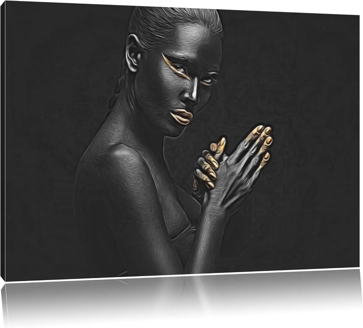 Dark Frau mit goldenen Fingerspitzen und Lippen Deluxe Format: 100x70 cm auf Leinwand, XXL riesige B