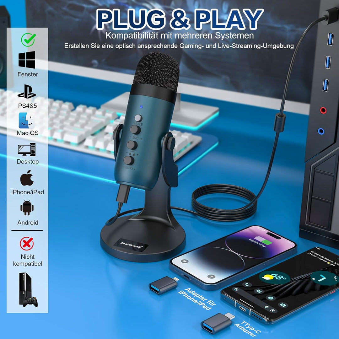 zealsound Mikrofon PC, USB Kondensatormikrofon Gaming für Mac Handy, PS4/5, Studio Mikrofone mit Stu