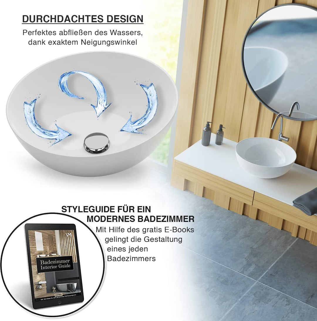 VMbathrooms Premium Waschbecken Rund mit Lotus-Effekt | 36x 36x 15,5 cm |Aufsatzwaschbecken für das