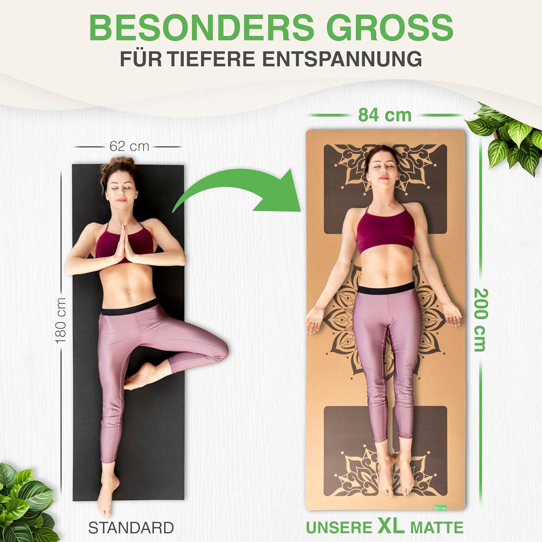 BACKLAXX ® Yogamatte Kork XXL [50% mehr Fläche] mit Naturkautschuk | Yoga-Matte rutschfest | nachhal