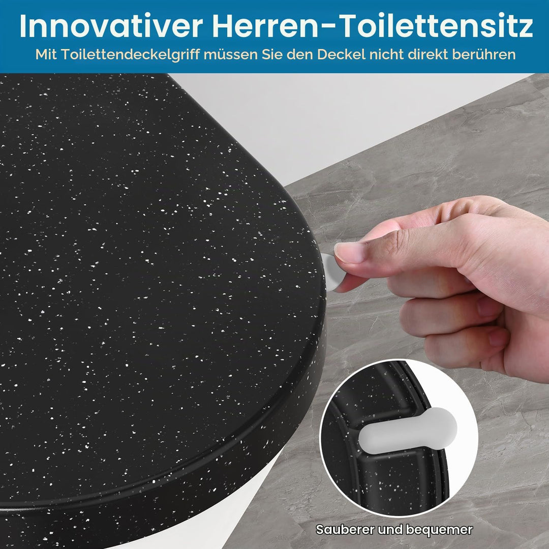 Toilettendeckel mit Absenkautomatik, WC Sitz D Form aus Duroplast, Schwarz Marmor Klodeckel mit Quic