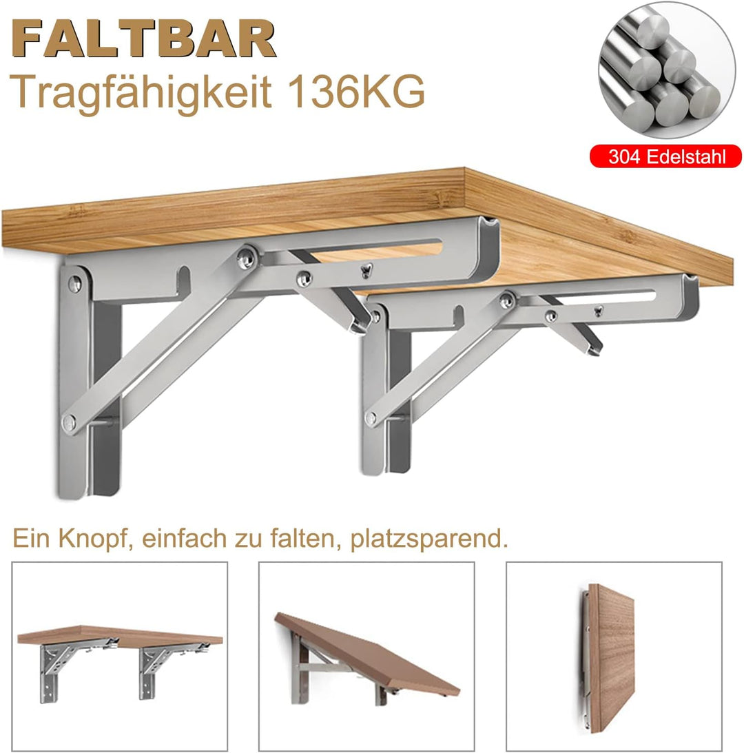 Klappkonsole Schwerlast 300MM, LYCXAMES 2 Stück Edelstahl Wandhalter Tisch Klappregalhalterungen Büc