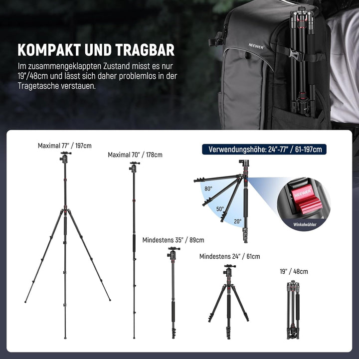 NEEWER 77" Kamerastativ Einbeinstativ für DSLR, Telefon mit 360° Panoramakugelkopf, 2 Achsen Mittels