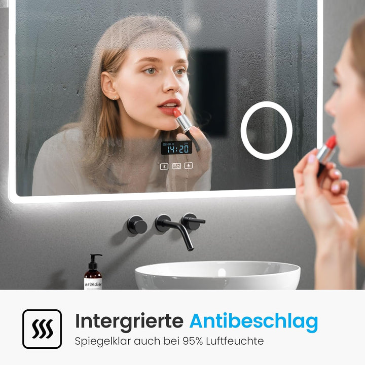 Heilmetz Bluetooth Badspiegel mit Beleuchtung 100x60cm, LED Badezimmerspiegel mit Licht, Uhr, 3 Lich