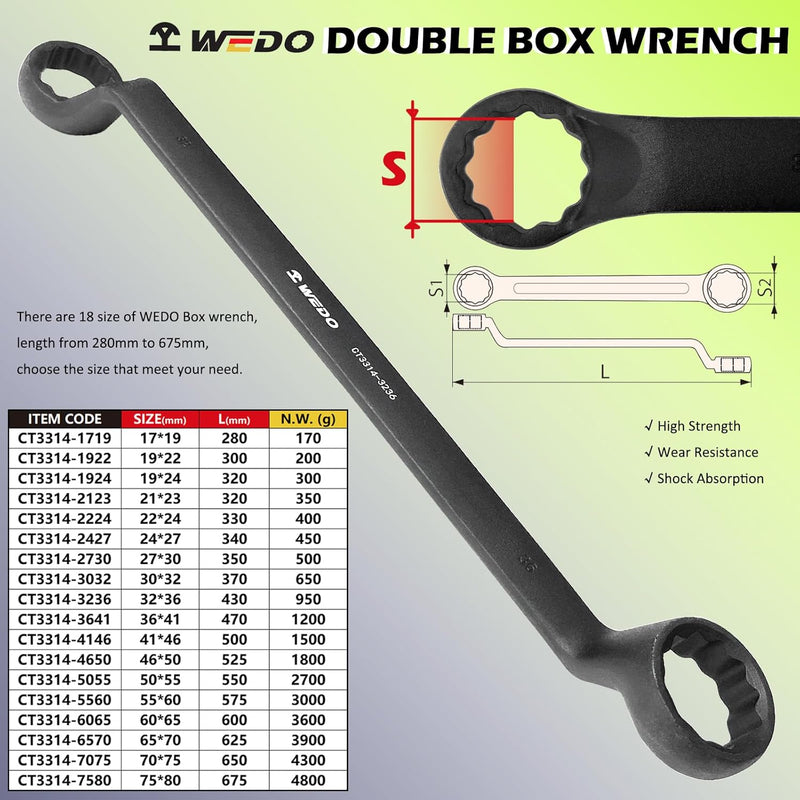 WEDO Doppel-Ringschlüssel,gekröpft Ringschraubenschlüssel,Metrisch,SW 22x24mm,Länge 330mm,Doppelring