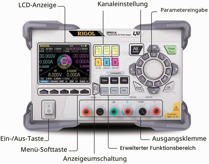 RIGOL DP832 DC-Netzteil, 3 Ausgänge, 30V/3A || 30V/3A, 5V/3A, 195 W, geringe Welligkeit und Rauschen