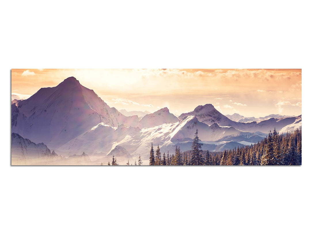 Paul Sinus Art Panoramabild auf Leinwand und Keilrahmen 120x40cm Berge Wald Schnee Wolken Sonnenstra