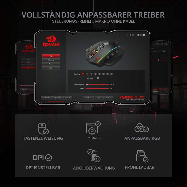Redragon M686 Vampire Elite Kabellose Gaming Maus, 16000 DPI Kabelgebunde/Kabellose Maus mit Profess
