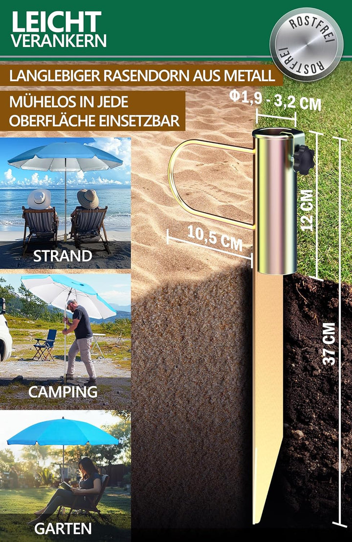 4smile Sonnenschirm Strand 3-IN-1 SET mit Rasendorn, Ø 180 cm, Blau | Strandschirm windfest stabil +