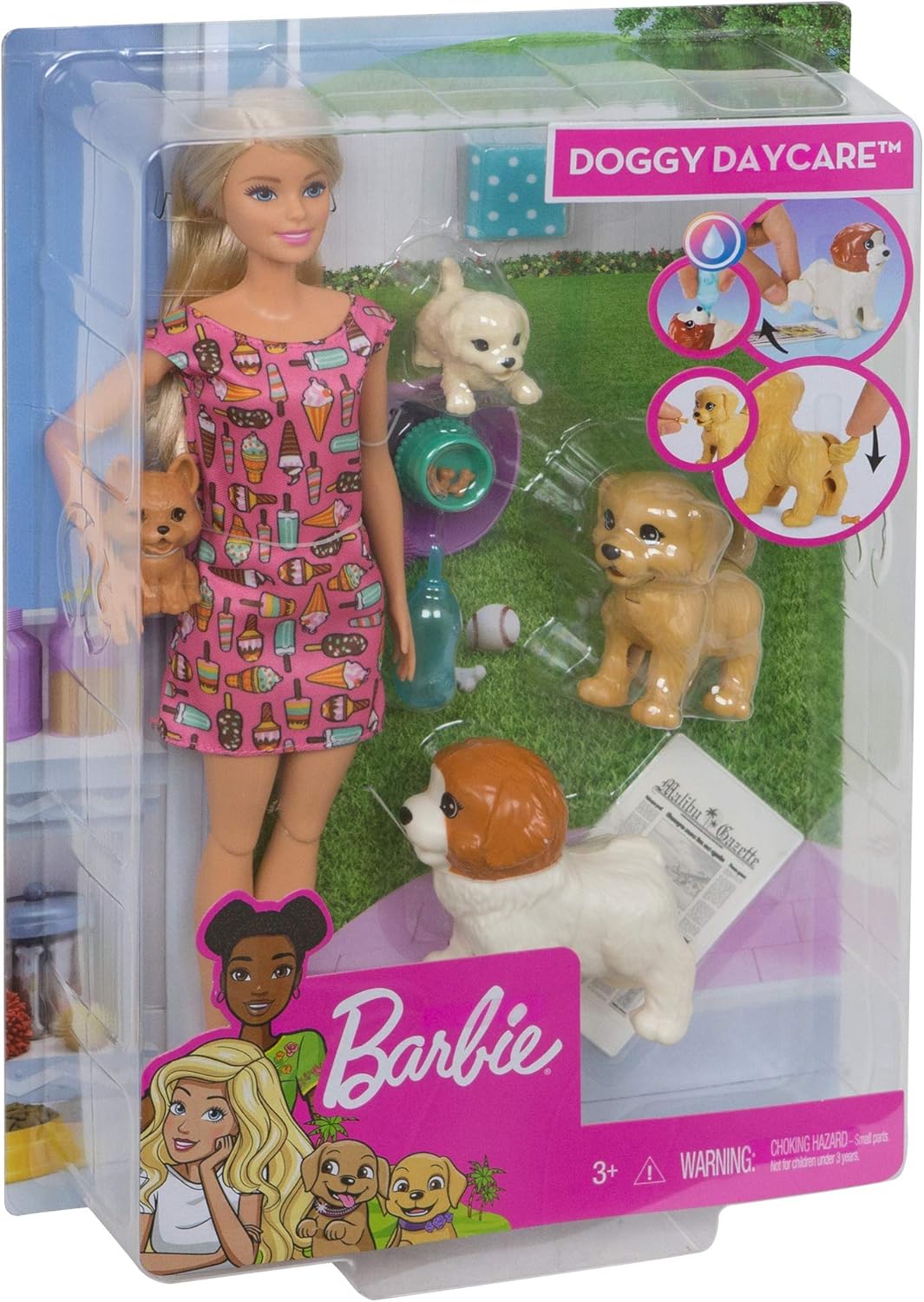 Barbie FXH08 - Hundesitterin, blond, Spielset mit 4 Hunden, mit einem Häufchen machenden und einem P