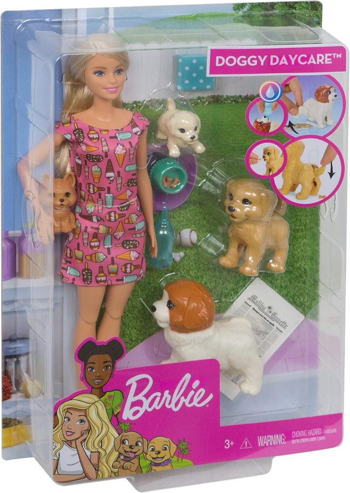 Barbie FXH08 - Hundesitterin, blond, Spielset mit 4 Hunden, mit einem Häufchen machenden und einem P