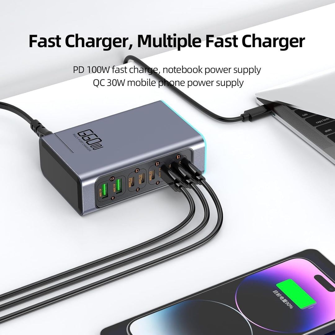 660W USB C Ladegerät 8-Port Schnelles GaN Ladegerät 100W/30W USB C Ladestation mit bunten Lichtern M