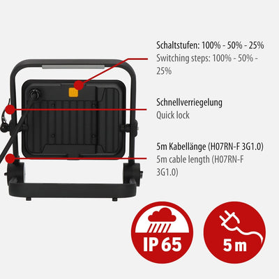 Brennenstuhl LED Baustrahler JARO 7060 M (50W, 5800lm, 6500K, IP65, 5m Kabel, dimmbar, LED Arbeitsst