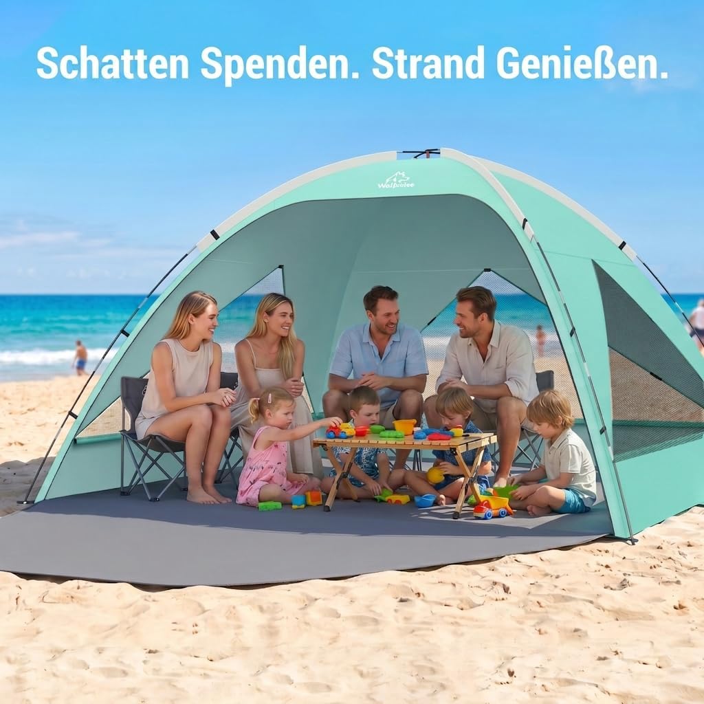 Wolfwise Strandmuschel UV Schutz, 3 Belüftungsfenster &amp; Tragetasche, Strand Zelt mit erweiterbarem B