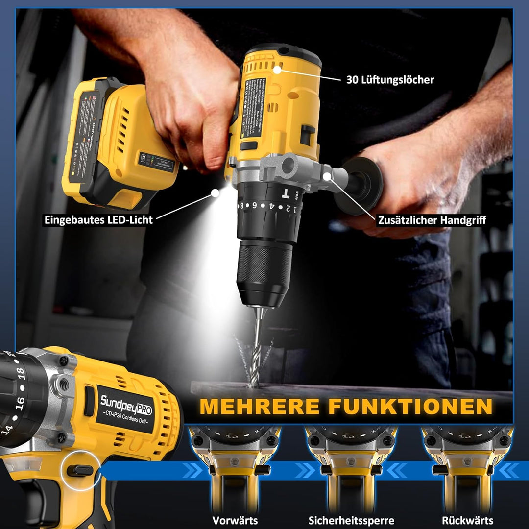 Akkuschrauber mit Schlagbohrfunktion 21V - 120Nm Bürstenloser Akku Schlagbohrschrauber Set mit 2x4Ah