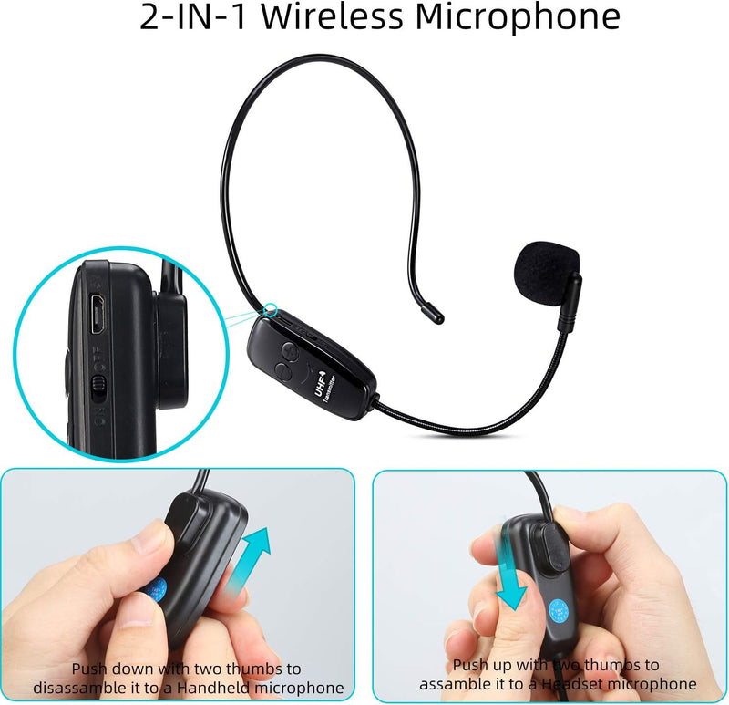 PELLOR Wireless UHF Mikrofon, Professionell Kabellos Wiederaufladbar Mikrofon Headset Sprachverstärk