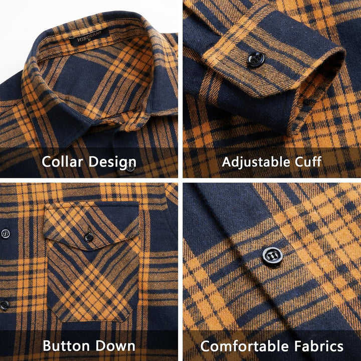 HISDERN Flanellhemd Herren Karierte Hemden Herren Langarm Button Down Baumwolle Holzfällerhemd Regul
