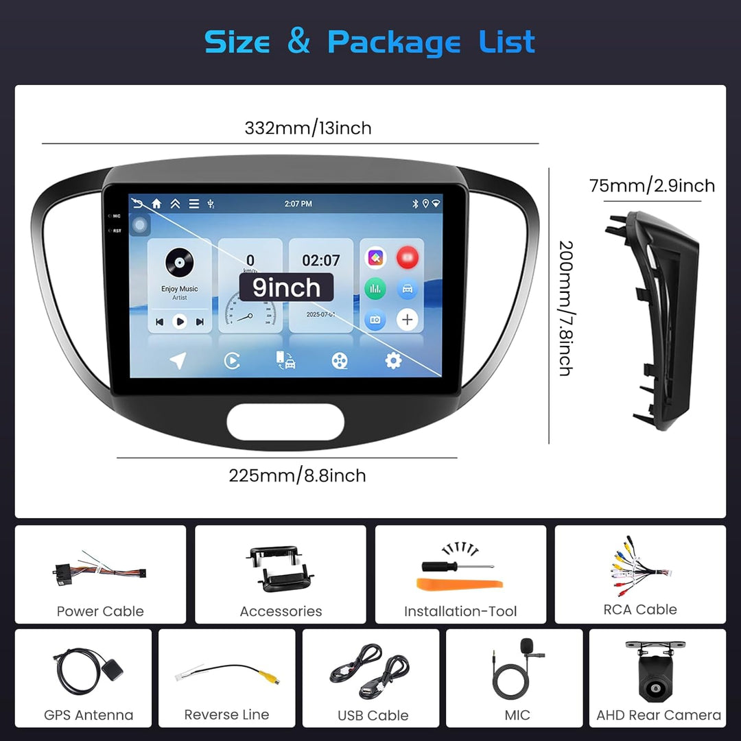 Inefala 4+128G Autoradio für Hyundai i10 2007-2013 Android 15 mit 9'' In-Cell Bildschirm Unterstützu