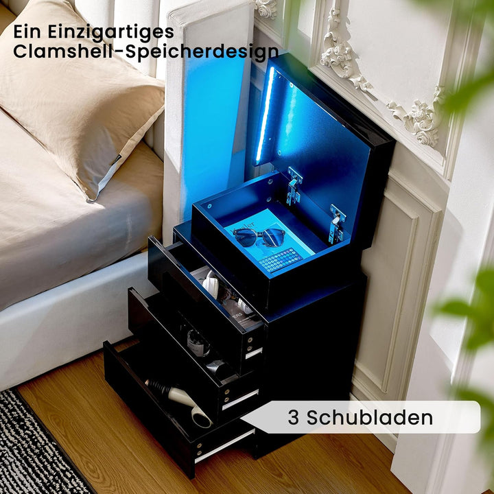 CLIPOP Nachttisch Hochglanzfront Kommode mit mit LED-Lichtern, sprachgesteuerter Lichtstreifen, 3 Sc