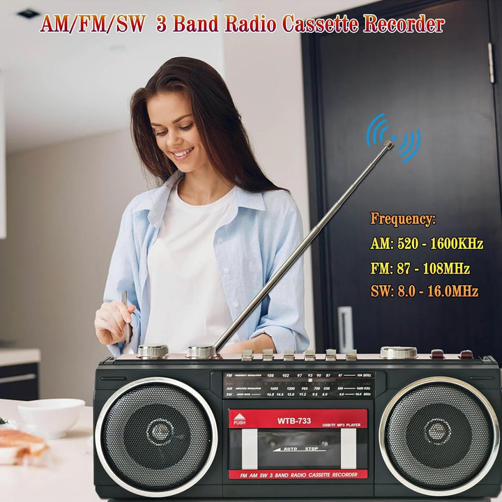 Retro 80er Kassettenrecorder Boombox mit Bluetooth, AM/FM/KW Radio, USB-Aufnahme, Kopfhöreranschluss