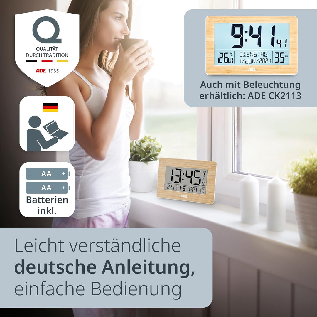 ADE Grosse Funkuhr digital mit XXL-Ziffern | Tischuhr mit Kalender und Wochentag | Digitale Uhr mit