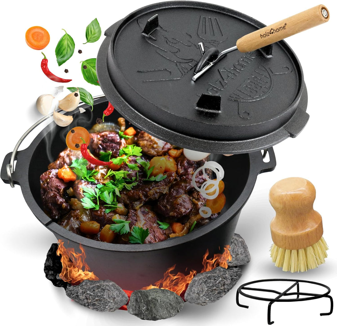 holz4home® Dutch Oven Set [9L, Mit Füssen] I Eingebrannter Feuertopf Gusseisen I Schmortopf mit Deck