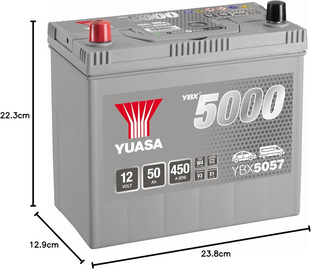 Yuasa YBX5057 Hochleistungs-Akku, 12 V, 50 Ah, 450 A, silberfarben