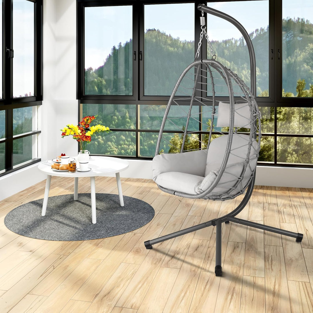 HinHocker Hängesessel mit Gestell | Grau | Hängeschaukel für Indoor und Outdoor | Inkl. Kissen und A