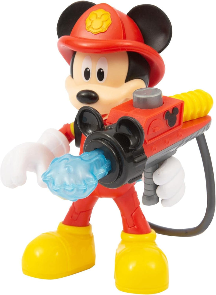 Giochi Preziosi Disney Mickey Figur Feuerwehrmann, 15 cm, beweglich, mit Rucksack mit Wasserkanone u
